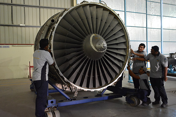 Engineering training hangar with aircraft