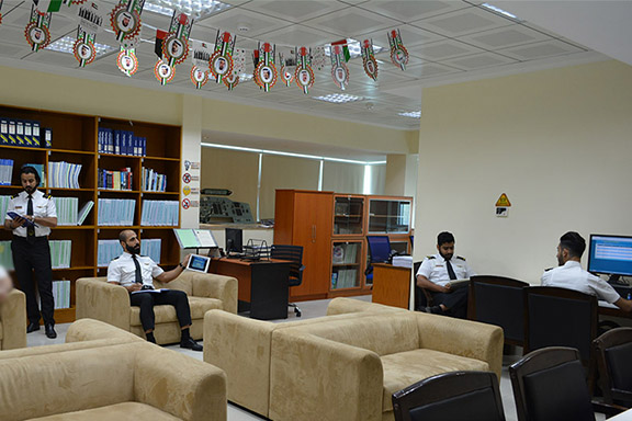 Library shelves of aviation books and manuals